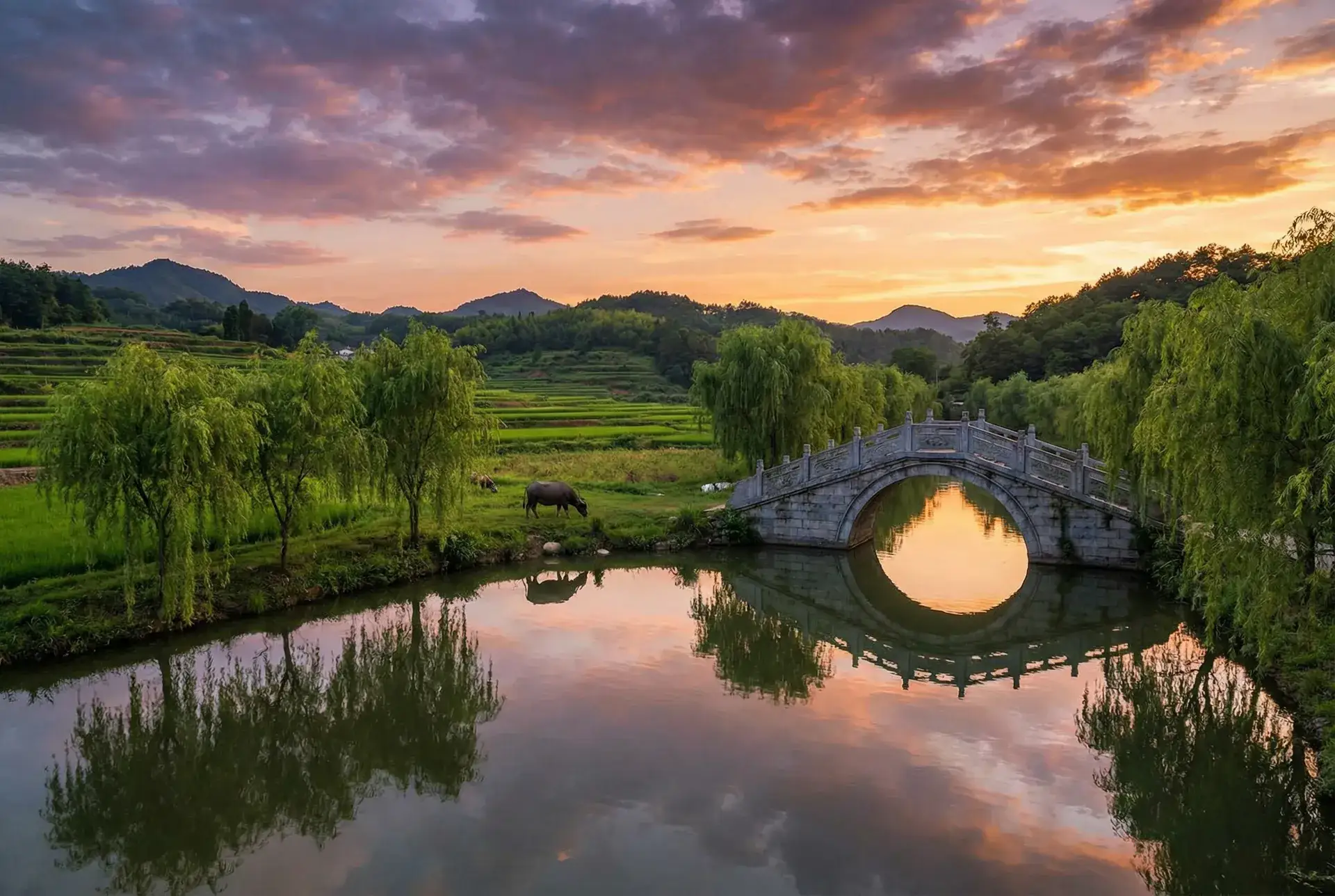 夕阳下的石拱桥与垂柳，水牛在河边吃草 - 午夜视频在线观看 乡村美景